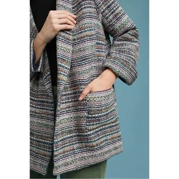 Anthropologie Harlyn Multicolor Striped Blazer Tweed Boyfriend Oversized open - Picture 2 of 14